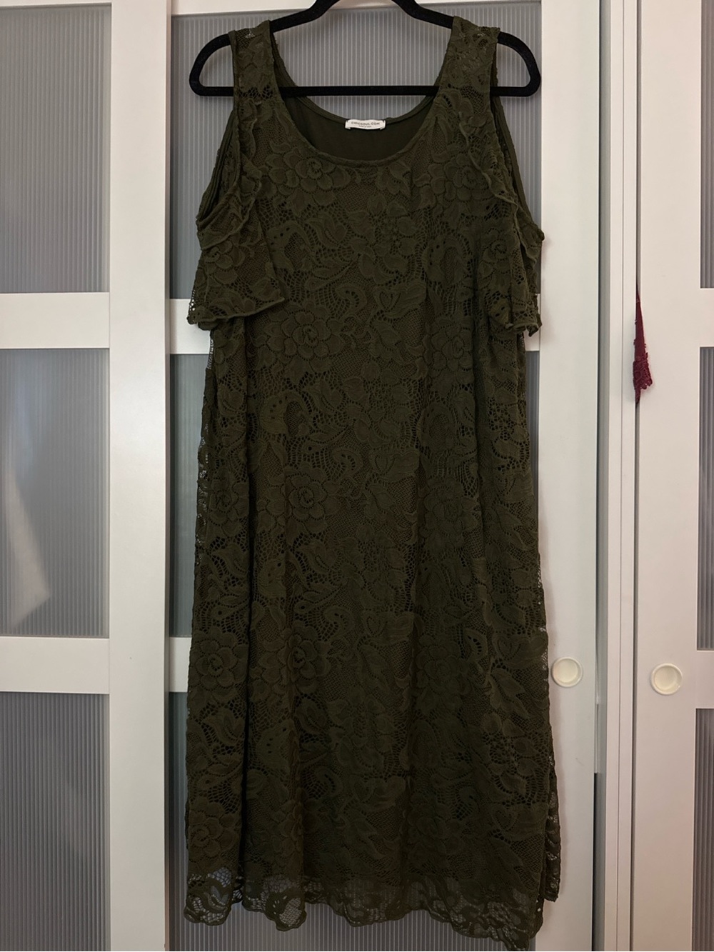 Olive Green Lace Cold-Shoulder Midi Dress